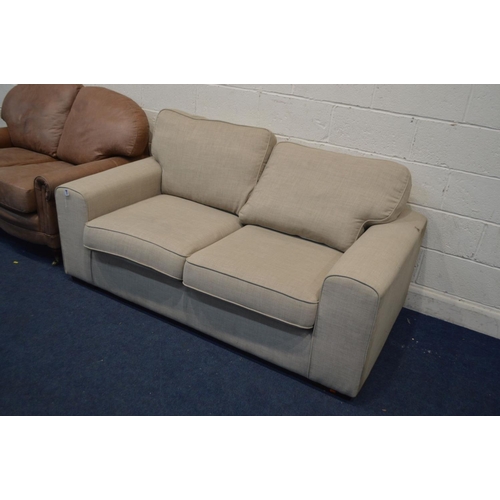 1248 - AN OATMEAL UPHOLSTERED TWO SEATER SETTEE, width 176cm together with a brown leather two seater sette... 