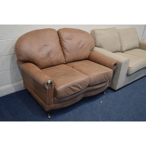 1248 - AN OATMEAL UPHOLSTERED TWO SEATER SETTEE, width 176cm together with a brown leather two seater sette... 