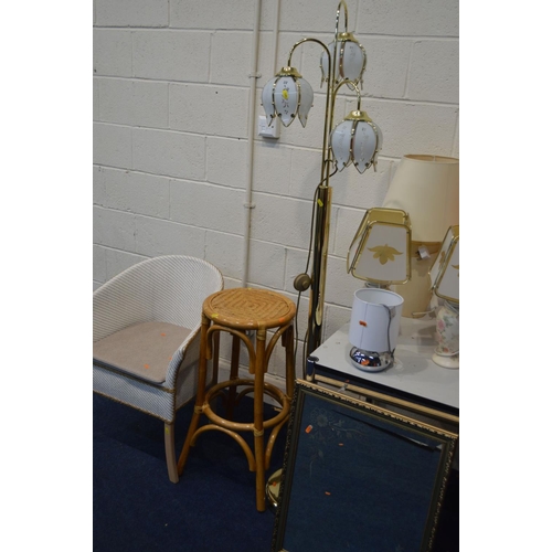 1252 - A MODERN BRASSED TRIPLE BRANCH UPLIGHTER, together with seven various table lamps (sd), a gilt frame... 