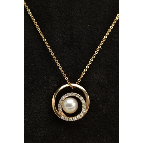 126 - A CULTURED PEARL AND DIAMOND PENDANT NECKLACE, the circular openwork pendant, set with a single cult... 