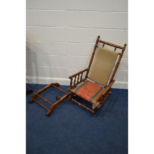 1275 - TWO EDWARDIAN AMERICAN ROCKING CHAIRS (one chair detached from base) together with a beech high back... 