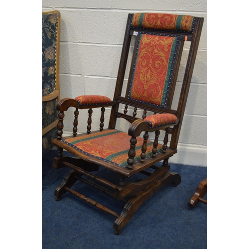 1275 - TWO EDWARDIAN AMERICAN ROCKING CHAIRS (one chair detached from base) together with a beech high back... 