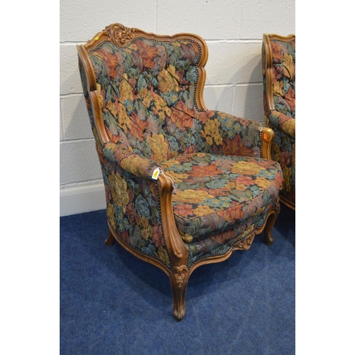 1278 - A TWENTIETH CENTURY FRENCH STYLE BEECH FRAMED TWO PIECE SUITE, covered in floral upholstery with a b... 