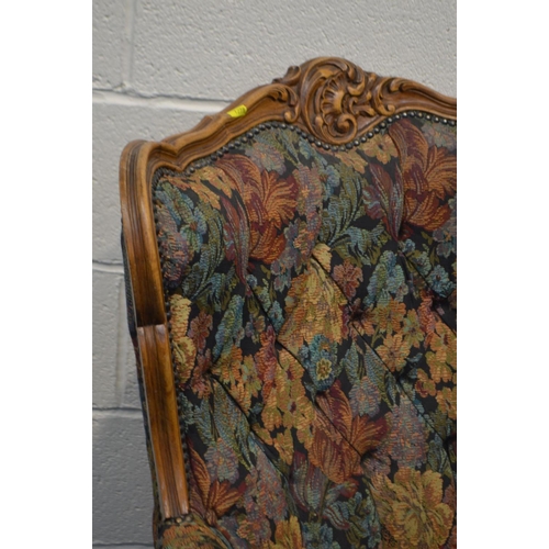 1278 - A TWENTIETH CENTURY FRENCH STYLE BEECH FRAMED TWO PIECE SUITE, covered in floral upholstery with a b... 