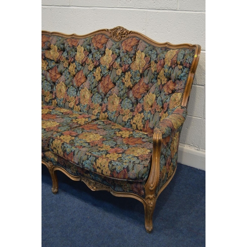 1278 - A TWENTIETH CENTURY FRENCH STYLE BEECH FRAMED TWO PIECE SUITE, covered in floral upholstery with a b... 