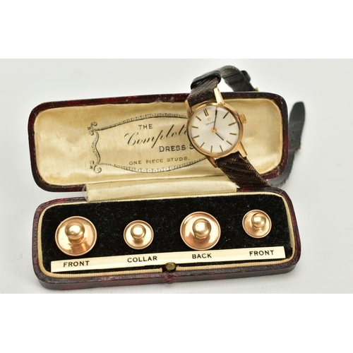 128 - A LADIES 9CT GOLD CASED OMEGA WRISTWATCH AND DRESS STUDS, the watch with silver dial, baton markers,... 