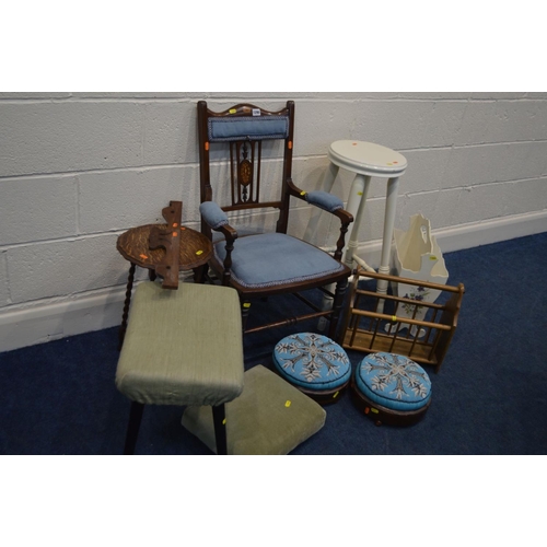 1290 - AN EDWARDIAN MAHOGANY ELBOW CHAIR, together with two similar small upholstered mahogany stools, smal... 