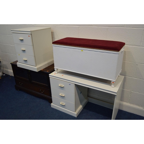 1291 - A MODERN PAINTED WHITE DESK, together with a matching bedside cabinet, modern mahogany tv stand and ... 