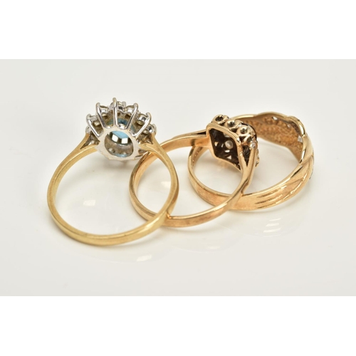 13 - THREE 9CT GOLD GEM SET RINGS, to include a squared designed cluster ring set with a circular cut red... 