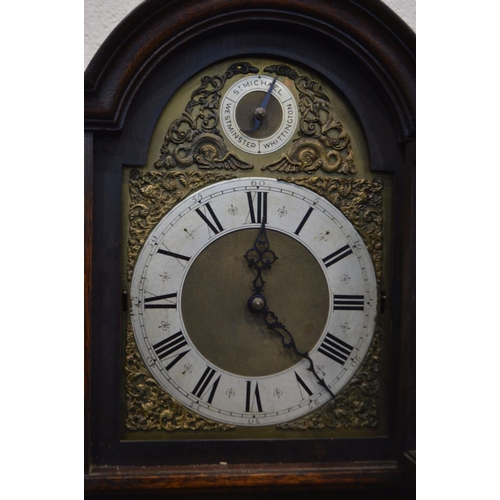 1301 - AN EARLY TO MID 20TH CENTURY OAK LONGCASE CLOCK, arched glass door enclosing a brass and silvered di... 