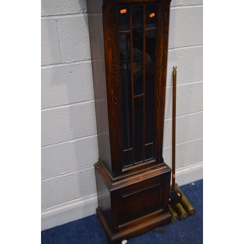 1301 - AN EARLY TO MID 20TH CENTURY OAK LONGCASE CLOCK, arched glass door enclosing a brass and silvered di... 