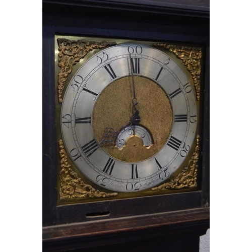 1302 - A GEORGE III OAK LONGCASE CLOCK, plain hood with glazed door enclosing a 9 1/2' brass and silvered d... 