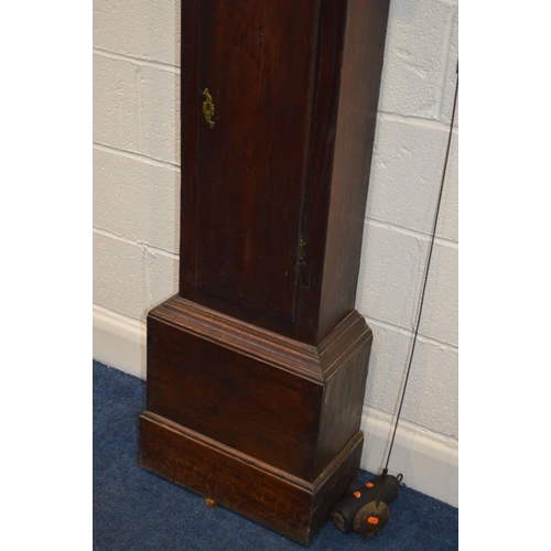 1302 - A GEORGE III OAK LONGCASE CLOCK, plain hood with glazed door enclosing a 9 1/2' brass and silvered d... 