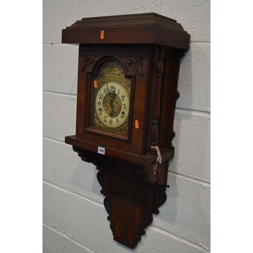 1303 - A LATE 19TH CENTURY MAHOGANY AND CROSSBANDED WALL CLOCK, brassed and enamelled 5 1/2' dial, flanked ... 