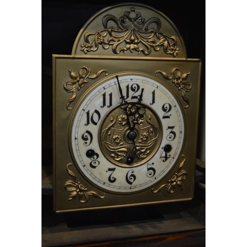 1303 - A LATE 19TH CENTURY MAHOGANY AND CROSSBANDED WALL CLOCK, brassed and enamelled 5 1/2' dial, flanked ... 