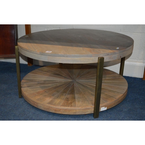 1305 - A MODERN CIRCULAR TWO TIER COFFEE TABLE, diameter 80cm x height 41cm together with a pine dining tab... 