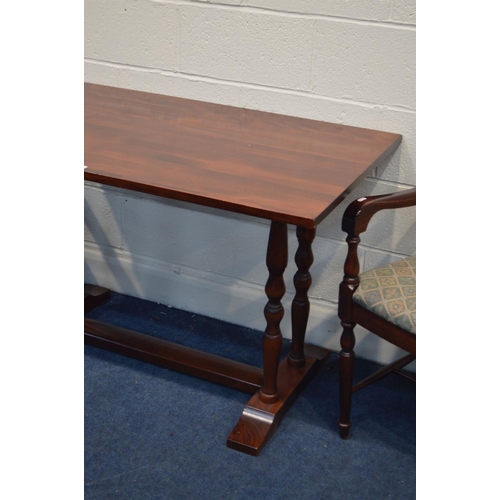 1311 - A MODERN MAHOGANY TABLE with turned and baluster supports on a H frame, base width 122cm x depth 69c... 