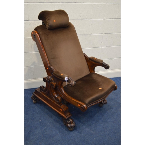 1352 - AN EARLY VICTORIAN AMHOGANHY MEDICAL/SURGICAL/DENTAL CHAIR, with an adjustable headrest, adjustable ... 