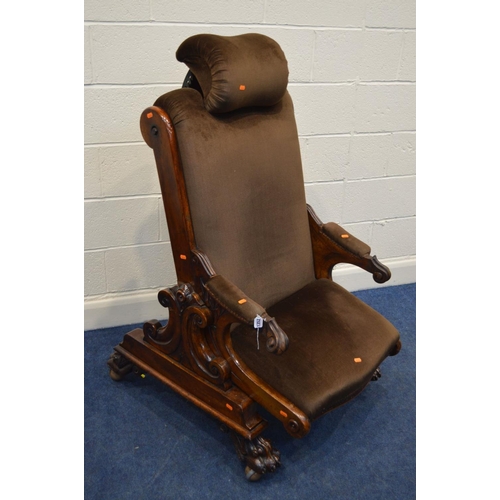 1352 - AN EARLY VICTORIAN AMHOGANHY MEDICAL/SURGICAL/DENTAL CHAIR, with an adjustable headrest, adjustable ... 