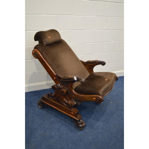 1352 - AN EARLY VICTORIAN AMHOGANHY MEDICAL/SURGICAL/DENTAL CHAIR, with an adjustable headrest, adjustable ... 