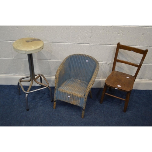 1353 - AN INDUSTRIAL CIRCULAR TOPPED STOOL on a tubular chrome base, together with a Lloyd loom wicker chil... 