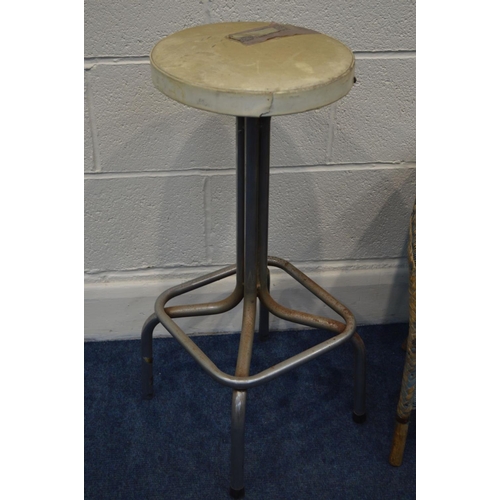 1353 - AN INDUSTRIAL CIRCULAR TOPPED STOOL on a tubular chrome base, together with a Lloyd loom wicker chil... 