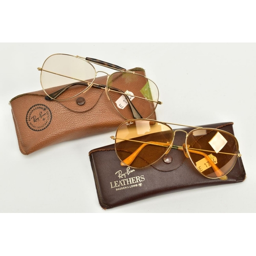 136 - TWO PAIRS OF RAY-BAN SUNGLASSES, the first of aviator style, yellow tinted glass with yellow metal f... 