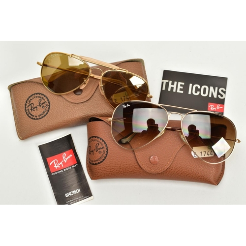 137 - TWO PAIRS OF RAY-BAN SUNGLASSES, the first of aviator style, brown tinted glass with yellow metal fr... 