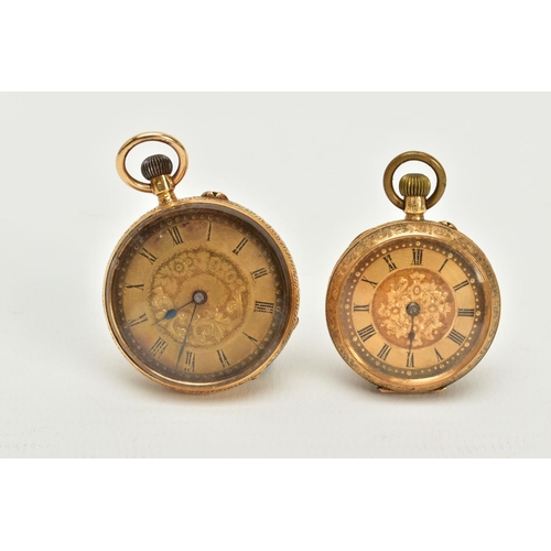 14 - TWO OPEN FACED POCKET WATCHES, the first with a gold coloured floral detailed dial, roman numerals, ... 