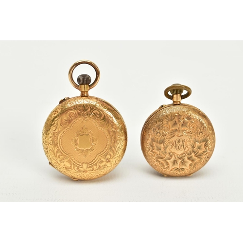 14 - TWO OPEN FACED POCKET WATCHES, the first with a gold coloured floral detailed dial, roman numerals, ... 