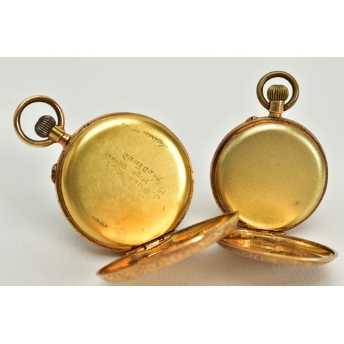 14 - TWO OPEN FACED POCKET WATCHES, the first with a gold coloured floral detailed dial, roman numerals, ... 