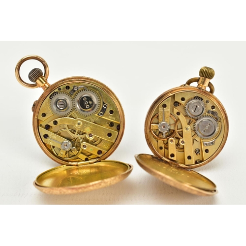 14 - TWO OPEN FACED POCKET WATCHES, the first with a gold coloured floral detailed dial, roman numerals, ... 