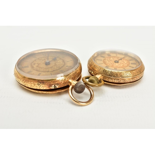 14 - TWO OPEN FACED POCKET WATCHES, the first with a gold coloured floral detailed dial, roman numerals, ... 