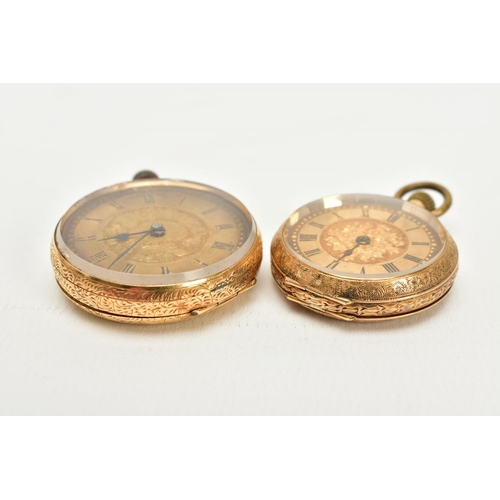 14 - TWO OPEN FACED POCKET WATCHES, the first with a gold coloured floral detailed dial, roman numerals, ... 