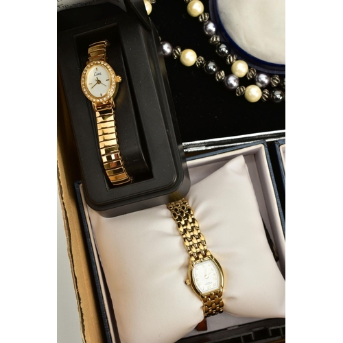 143 - TWO BOXES OF COSTUME JEWELLERY AND ITEMS, to include a ladies Rotary wristwatch, white dial, Arabic ... 