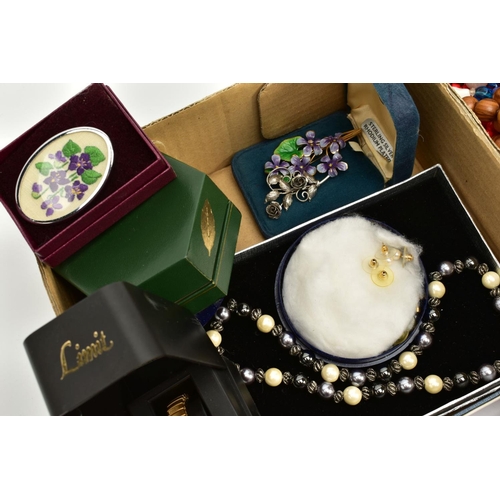 143 - TWO BOXES OF COSTUME JEWELLERY AND ITEMS, to include a ladies Rotary wristwatch, white dial, Arabic ... 