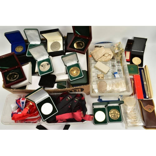 146 - A SELECTION OF FOOTBALL REPLICA MEDALS AND ITEMS, to include two boxes of medal ribbons such as 'the... 