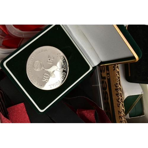 146 - A SELECTION OF FOOTBALL REPLICA MEDALS AND ITEMS, to include two boxes of medal ribbons such as 'the... 