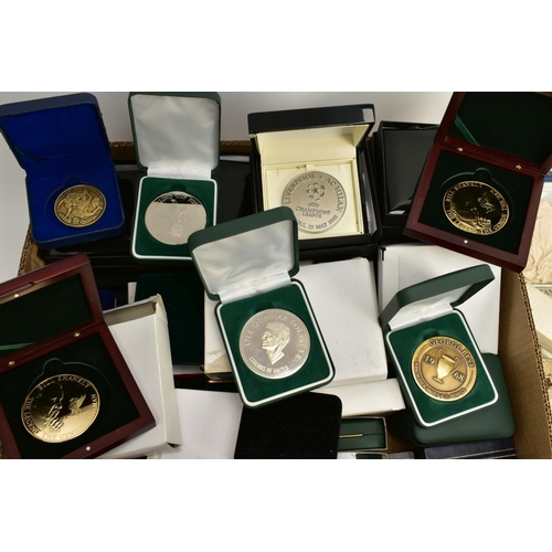 146 - A SELECTION OF FOOTBALL REPLICA MEDALS AND ITEMS, to include two boxes of medal ribbons such as 'the... 