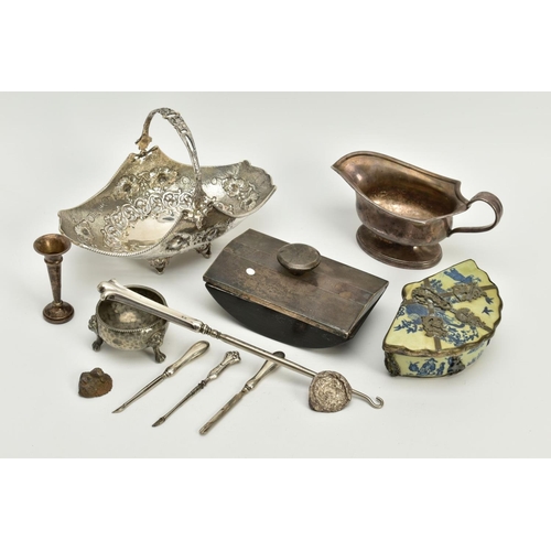 149 - A BOX OF SILVER, WHITE METAL, PEWTER AND SILVER PLATE, etc, including a Chinese porcelain fan shaped... 