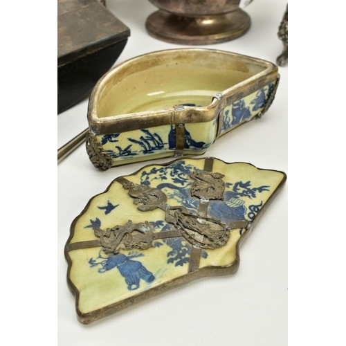 149 - A BOX OF SILVER, WHITE METAL, PEWTER AND SILVER PLATE, etc, including a Chinese porcelain fan shaped... 