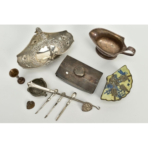 149 - A BOX OF SILVER, WHITE METAL, PEWTER AND SILVER PLATE, etc, including a Chinese porcelain fan shaped... 