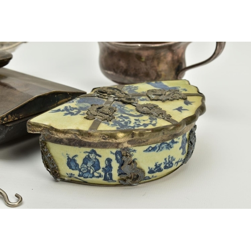 149 - A BOX OF SILVER, WHITE METAL, PEWTER AND SILVER PLATE, etc, including a Chinese porcelain fan shaped... 