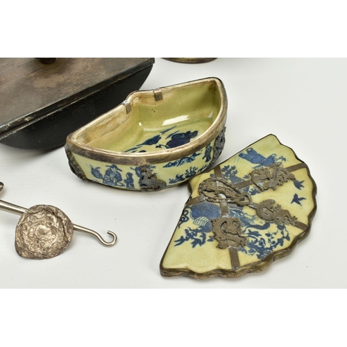 149 - A BOX OF SILVER, WHITE METAL, PEWTER AND SILVER PLATE, etc, including a Chinese porcelain fan shaped... 