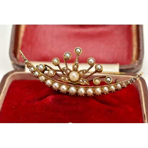 15 - A YELLOW METAL CULTURED PEARL CRESCENT BROOCH, the crescent set with a row of  graduated split pearl... 