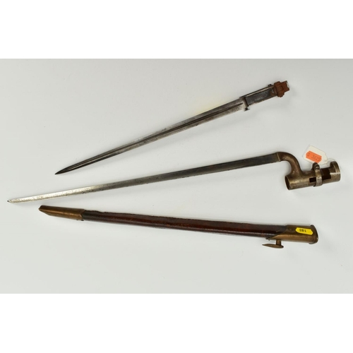 150 - TWO MILITARY BAYONETS AS FOLLOWS: small triangular shape blade, approximate length 31cm in length an... 