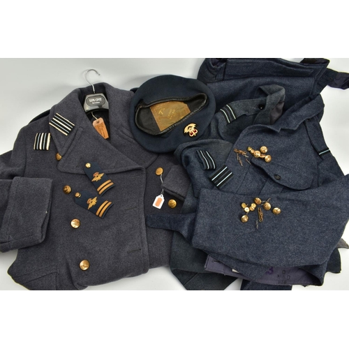 155 - A BOX CONTAINING RAF OFFICERS UNIFORM CIRCA 1957 FOR UK SERVICE, to include Great Coat Barathea Dres... 