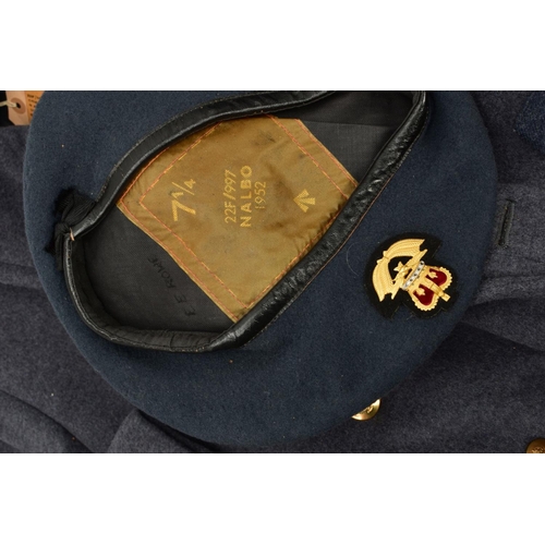 155 - A BOX CONTAINING RAF OFFICERS UNIFORM CIRCA 1957 FOR UK SERVICE, to include Great Coat Barathea Dres... 