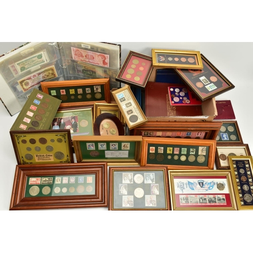 156 - TWO BOXES OF COIN AND STAMP RELATED ITEMS to include framed early Victorian postage stamps, and coin... 