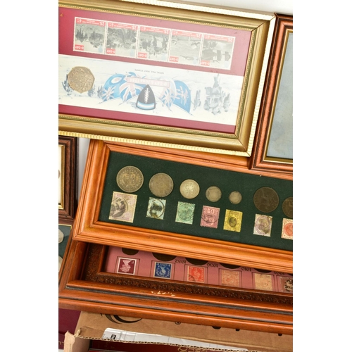 156 - TWO BOXES OF COIN AND STAMP RELATED ITEMS to include framed early Victorian postage stamps, and coin... 